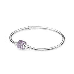 NEW 100% 925 Sterling Silver High Quality 590723CFP MOMENTS PAVE SILVER BRACELET Purple Fit DIY Charm Women Original Fashion Jewelry Gift