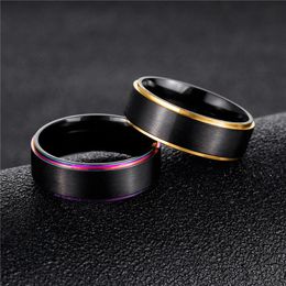 Rainbow Gold Side Brush Ring Black Stainless Steel Wedding Ring Band Rings Fashion Jewelry for Women Men Gift