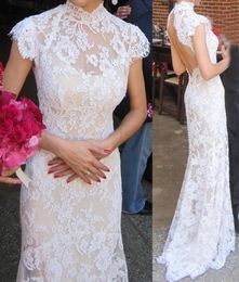 Sexy Backless Lace Mermaid Wedding Dresses Ivory Lace with Nude Lining High Neck Sweep Train Lace Bridal Gowns