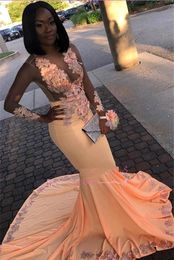 Peach Long Sleeves Satin Mermaid Prom Dresses Black Girls' Sheer Tulle Lace Applique Sweep Train Party Evening Gowns BC1794