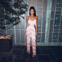 Runway Sexy Jumpsuit Women 2018 Pink Jumpsuit Strappy Sleeveless Tassels Palysuit For Women Rompers V Neck Party Jumpsuits Y19051501