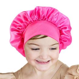 New kids Faux Silky Bonnet Cap Solid Colour Turban Chemo Hat girl's Wide Elastic Band Solid Night Sleep