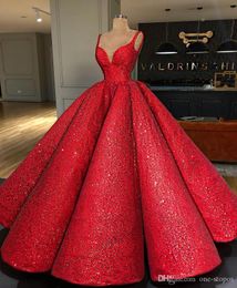 Red Evening Celebrity Dresses Spaghetti Sleeveless Ruffle Sequined Ball Gown robe de soiree Custom Made Prom Quinceanera Dress