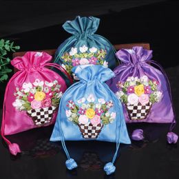 Hand Ribbon Embroidery Flower Large Gift Bag Christmas Party Favour Bags Accessories Packaging Bag Satin Cloth Jewellery Pouch 10pcs/lot