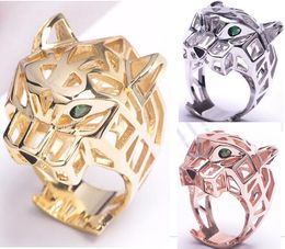 High Quality Fashion Lady Brass Hollow Out Green Eyes Zircon Leopard Head 18K Gold Wedding Engagement Rings 3 Colour Size7-9