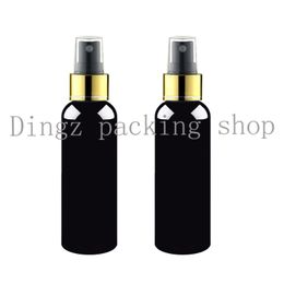 perfume bottle 100ml empty makeup setting spray pump plastic black bottle with gold Aluminium collar 100cc perfume PET bottle container