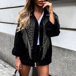 BlackPunk Tassel Rivet Women Jacket Black Fall Winter Loose Gothic Hip Hop Female Long Sleeve Outwear Overcoat Top Short Jackets