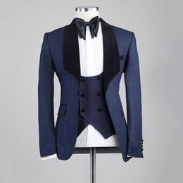 Fashion One Button Black Navy Blue White Wedding Men Suits Shawl Lapel Three Pieces Business Groom Tuxedos Jacket Pants Vest Tie243m