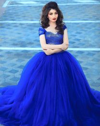 Royal Blue Tulle Ball Gown Prom Dresses Beaded Cheap Elegant Quinceanera Dresses 2020 New Vestidos 15 anos Abendkleider