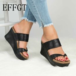 EFFGT Summer Women slippers PU Wedges Open Toe Shoes High Heels Beach Ladies Shoes flip flops Platform Casual Beach Sandals C32