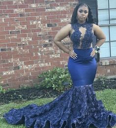 Navy Blue Prom Dresses South African Mermaid Appliques Formal Pageant Holidays Wear Graduation Evening Party Gowns Custom Made Plus Size