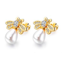 New trendy fashion luxury designer cute lovely diamond bee animal gold plated copper pearl stud earrings for woman