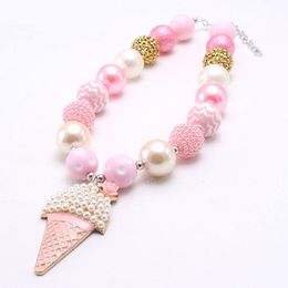 Baby girls chunky beads necklace with pink big ice cream pendant fashion kids bubblegum necklace birthday jewelry gift