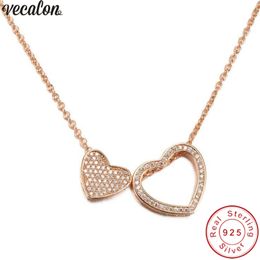 Vecalon Duplo Coração Forma pingente de prata Esterlina 925 5A zircão Wedding Engagement Pendants com colar para As Mulheres de Jóias