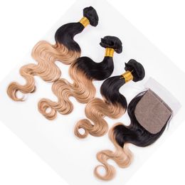 #1B/27 Honey Blonde Ombre 4x4 Silk Base Lace Closure with 3Bundles Body Wave Light Brown Ombre Indian Virgin Human Hair Weave Extensions