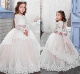 Lace Appliques Sheer Modest Flower Girls Dresses Tea Length Custom Kids Birthday Party Gowns Cheap Formal Party Gowns Zipper Back