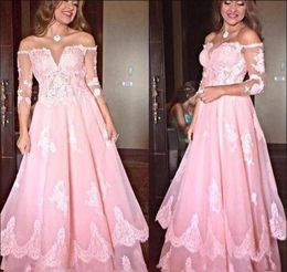 pink Off Shoulder Prom Dresses 2019 Lace Appliques 3/4 sleeves Elegant Evening Gowns robe de soiree Tiered skirt Cocktail Party Gowns