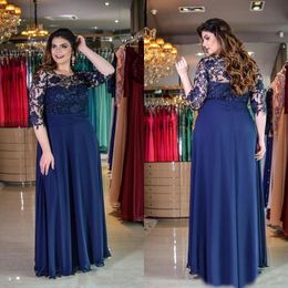 Lace Mother of the Bride Dresses Jewel Neck Half Sleeves Chiffon Navy Blue Long Guest Dress Plus Size Prom Evening Gowns SD3411
