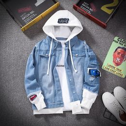 E-BAIHUI Giacca di jeans da uomo Streetwear Giacche di jeans con cappuccio hip-hop Maschile Capispalla allentato casual 2021 Cappotto slim fit di nuova moda primaverile Blu falso 2 pezzi Giacche di jeans ragazzo