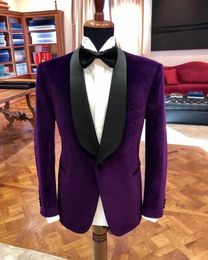 Classic Style One Button Purple Velvet Groom Tuxedos Shawl Lapel Groomsmen Mens Suits Wedding/Prom/Dinner Blazer (Jacket+Pants+Tie) K421