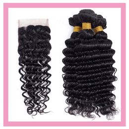 Indian Virgin Hair Products 8-28inch Deep Wave 4 Pieces One Set Bundles With 4X4 Lace Closure Wih Baby Hair Wefts With Closure Middle Three