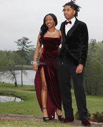 Burgundy Velvet Prom Dresses Floor Length High Leg Slit Sexy Night Paty Dresses Cockatil Gowns Long