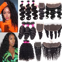 9A Brazilian Human Hair Bundles With Closure 4X4 Lace Closure Or 13X4 Ear To Ear Lace Frontal Body Wave Straight Curly Deep Wave Hair Wefts