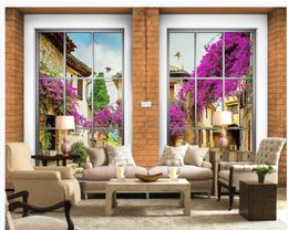 European 3D stereo window yellow brick wall TV background wall modern living room wallpapers