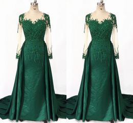 Green Beading Satin Long Sleeve Evening Formal Dresses Long Train Sheer Round Neckline Hollow Back Lace Applique Beaded Prom Dress Sheath