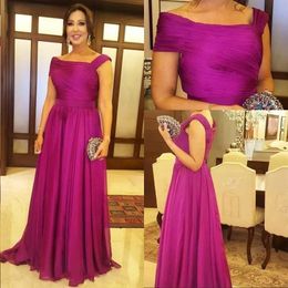 New Fuchsia Simple Cheap Mother of bride Dresses Chiffon Draped Sweep Train Plus Size Cap Sleeve Wedding Guest Dress Formal Mother305W