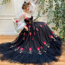 Fabulous Floral Appliqued Prom Dresses Sheer Jewel Neck Long Sleeves Evening Gowns A Line Sweep Train Tulle Formal Dress