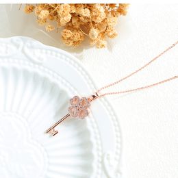 Wholesale- luxury designer rose gold plated copper diamond cute lovely lucky leaf key pendant necklace for women