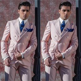 Handsome Double Breasted Groom Wear Tuxedos Peak Lapel Mens Pink Wedding Formal Suits Party Evening Best Man Blazer(Jacket+Pants)
