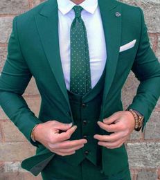 New Arrival One Button Dark Green Wedding Groom Tuxedos Peak Lapel Groomsmen Mens Business Party Suits (Jacket+Pants+Vest+Tie) 577