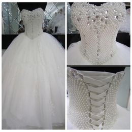 Luxury Crystal Beaded Balll Gown Wedding Dresses Sweetheart Neckline Pearls Corset Back Custom Made Wedding Bridal Gowns Vestido de novia