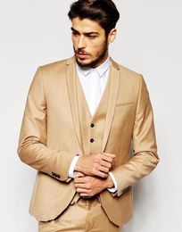 New Arrival Back Vent One Button Beige Groom Tuxedos Notch Lapel Groomsmen Best Man Wedding Prom Dinner Suits (Jacket+Pants+Vest+Tie) 1489