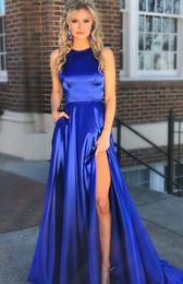 Elegant Royal Blue High Split Side Prom Gown Unique Design Back Floor Length Long Women Party Dress robe de soiree