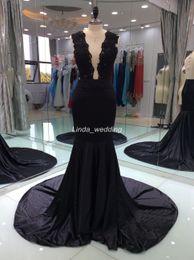 2019 Real Photos Black Mermaid Prom Dress Sexy Sheer Neck Sleeveless Lace Applique Party Gown Custom Made Plus Size