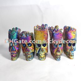 5Pcs Rainbow Aura Quartz Crystal Cluster Mineral Specimen Hand Carved Skull Titanium Bismuth Silicon Rock Skull Figurine Healing Reiki Altar