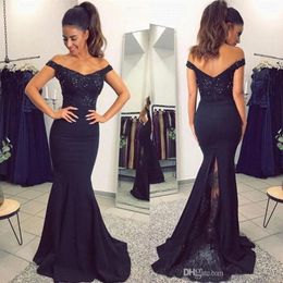 Fashion Navy Blue Lace Mermaid Prom Dresses With Back Split Arabic Formal Evening Gowns Applique Beaded Bridesmaid Dress For Party Gowns