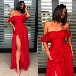 Red A Line Evening Dresses Sexy Strapless High-split Sleeveless Prom Dress Dot Chiffon Ruched Sweep Train Formal Party Gowns Cheap