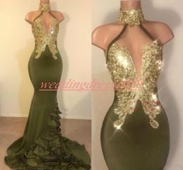 Perfect Olive Arabic Chiffon Mermaid Prom Dresses High Neck African Party Evening Gowns Pageant Robe De Soiree Celebrity Special Occasion