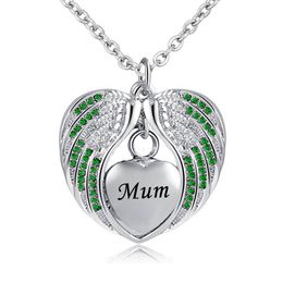 Cremation Jewellery with Angel Wing Urn Necklace for Ashes Birthstone Pendant Holder Heart Memorial Keepsake -Mum