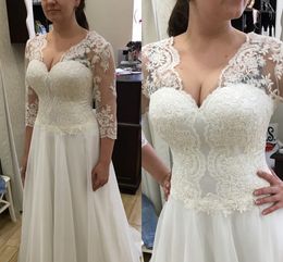 Plus Size Beach Wedding Dresses With Sleeves Lace Chiffon Draped Custom Made Wedding Gowns Bridal Party Dress Gowns Cheap Long 2019