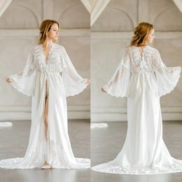 Sexy Illusion Wedding Robes Gown For Women V Neck Chiffon Trimmed Custom Long Sleeve Lingerie Bridal Sleepwear Nightgown Bathrobes