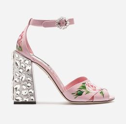 Shipping Ladies Free Patent Diamond Chunky High Heel Peep toes Buckle Strap Paisley Printed Rose Flower SANDALS SHOES Pink Size