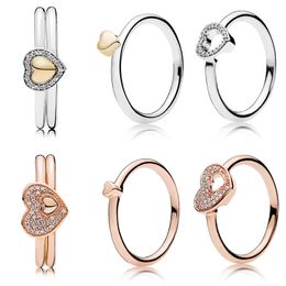 Rose Blushing Romance Puzzle Heart Of Golden Puzzle Gift Set Rings With Crystal 925 Sterling Silver Ring DIY Europe Jewellery