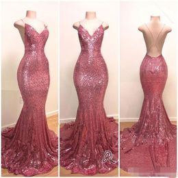 Sequins Mermaid Bling Prom Dresses Sexy Backless Spaghetti Straps Sweep Train Long Evening Gown Custom Made Vestido De Noche