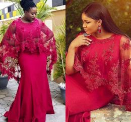 African Black Girls Red Mermaid Prom Dresses with Cape Lace Appliques Evening Gown for Women Plus Size Long Evening Gowns robes de soirée