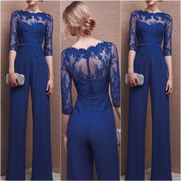 Waishidress Fashion Royal Blue Mother Of The Bride Pant Suits Chiffon Lace Bateau Long Sleeves Wedding Mothers Guest Dress Custom Made